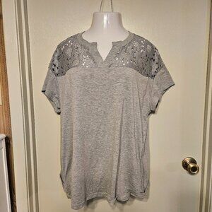Gray V-Neck Tee with Lace Inset on Shoulders